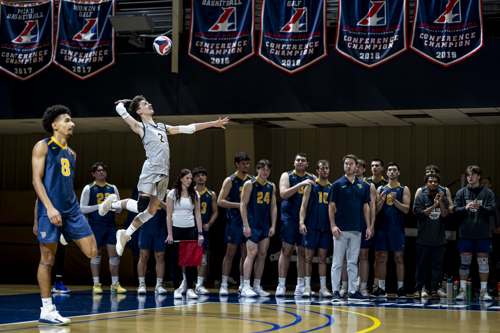 OSKALOOSA, IOWA - FEBRUARY 22: YYYYYYYY during the second set in a Varsity Men's Volleyball game between the Kansas Wesleyan University Coyotes and the William Penn University Statesmen at Penn Activity Center on Sunday, Feb. 22, 2026.    (Photo by Jordan Lester/William Penn Athletics)
